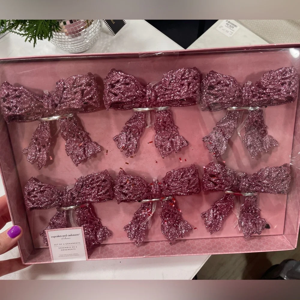 Pink Christmas Bow Ribbon Tree Ornaments, set of 6 Cupcakes & Cashmere NWT
